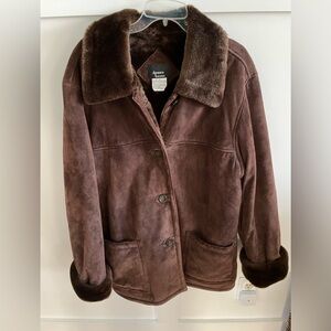 Dennis Basso soft suede Leather Coat fully lined Faux Fur Brown Size 1X